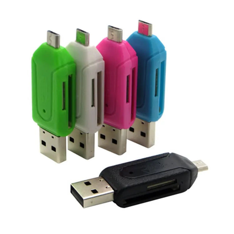 OTG card reader with USB and micro USB connectors in white, pink, green, blue or black colours