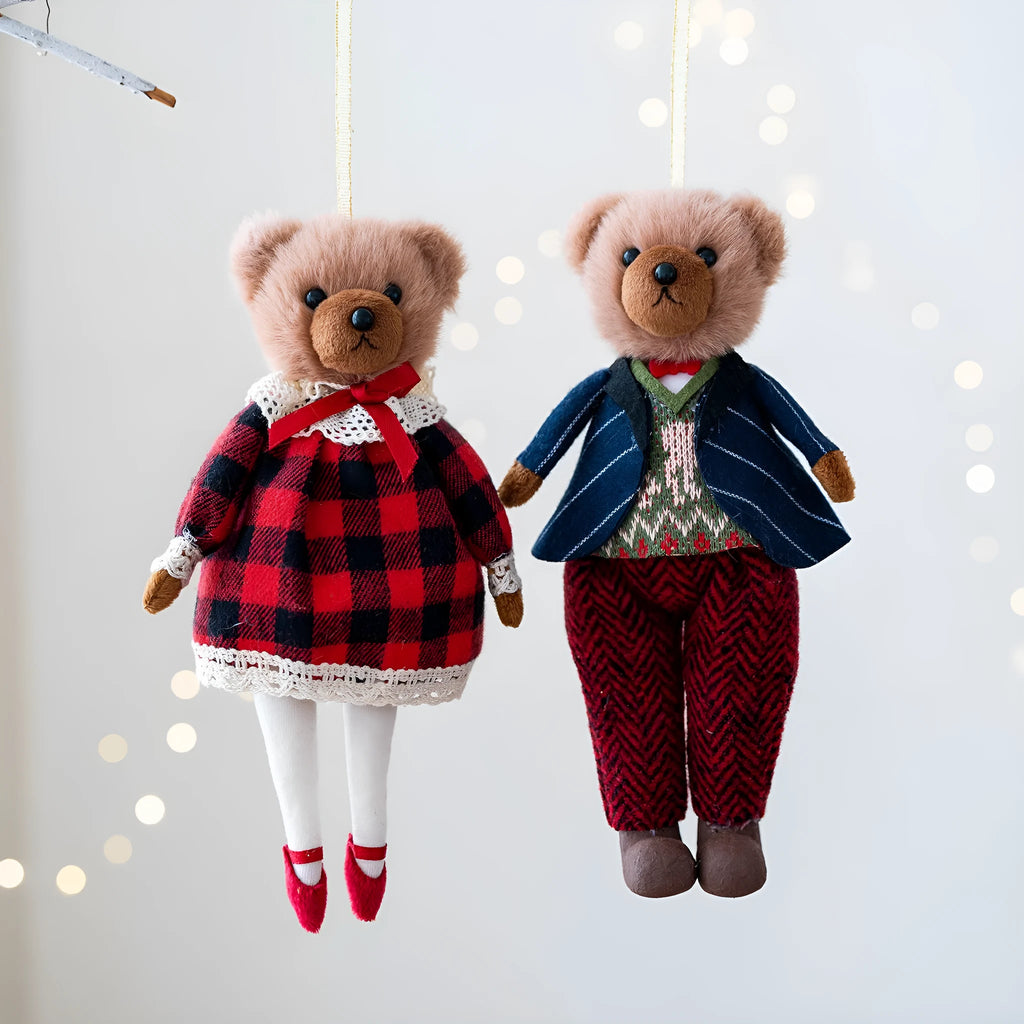 Couple plush bear doll set showing gentleman bear and princess bear with cotton suit plaid fabric design