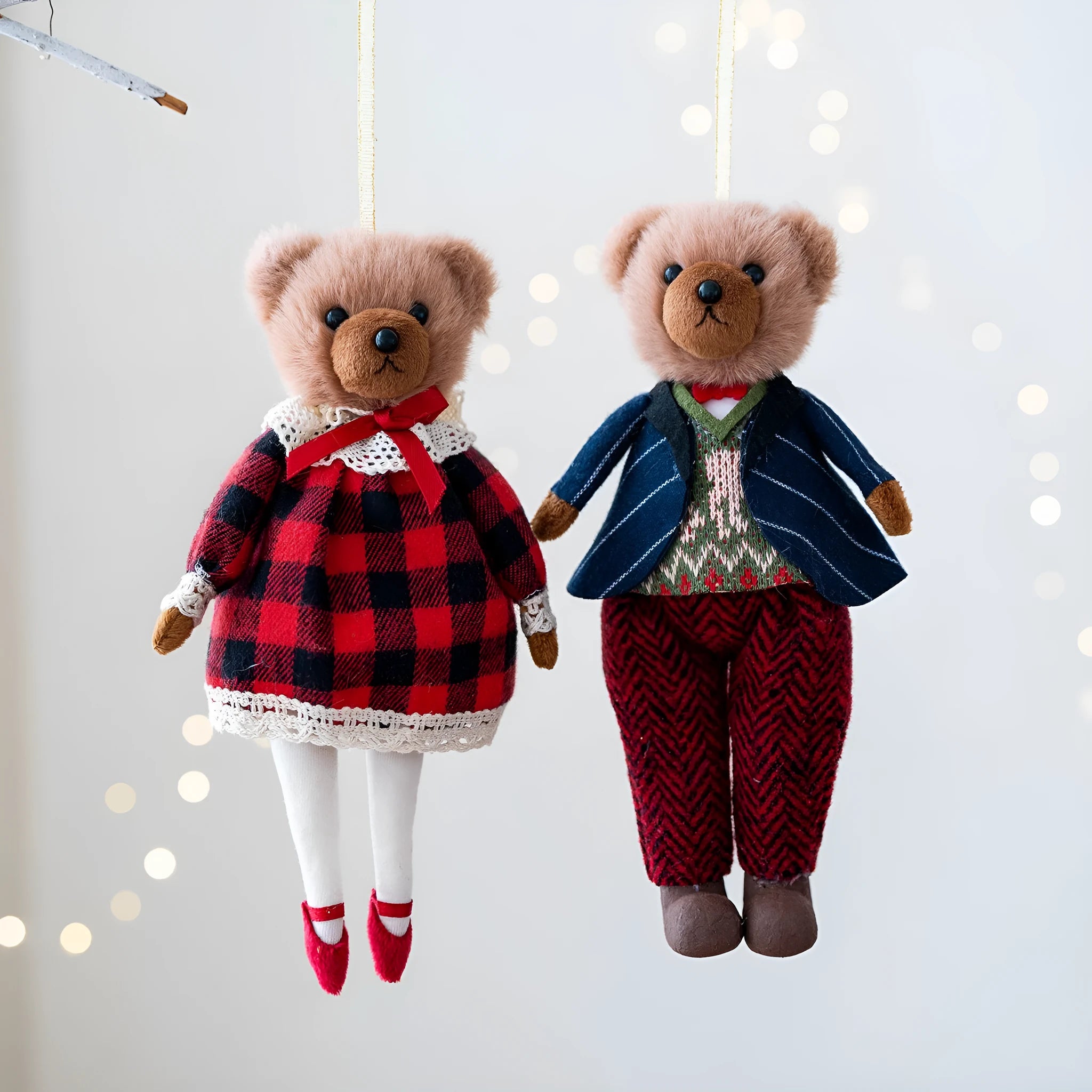 Couple plush bear doll set showing gentleman bear and princess bear with cotton suit plaid fabric design