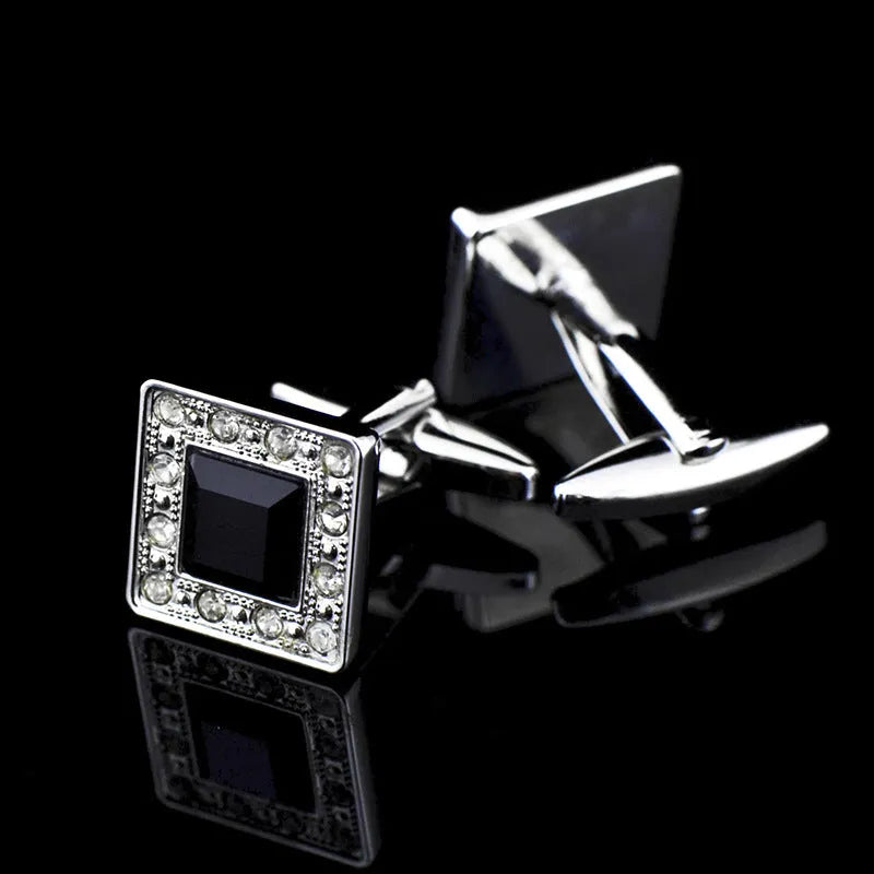 Black crystal French cufflinks with button feet for formal shirts, one pair