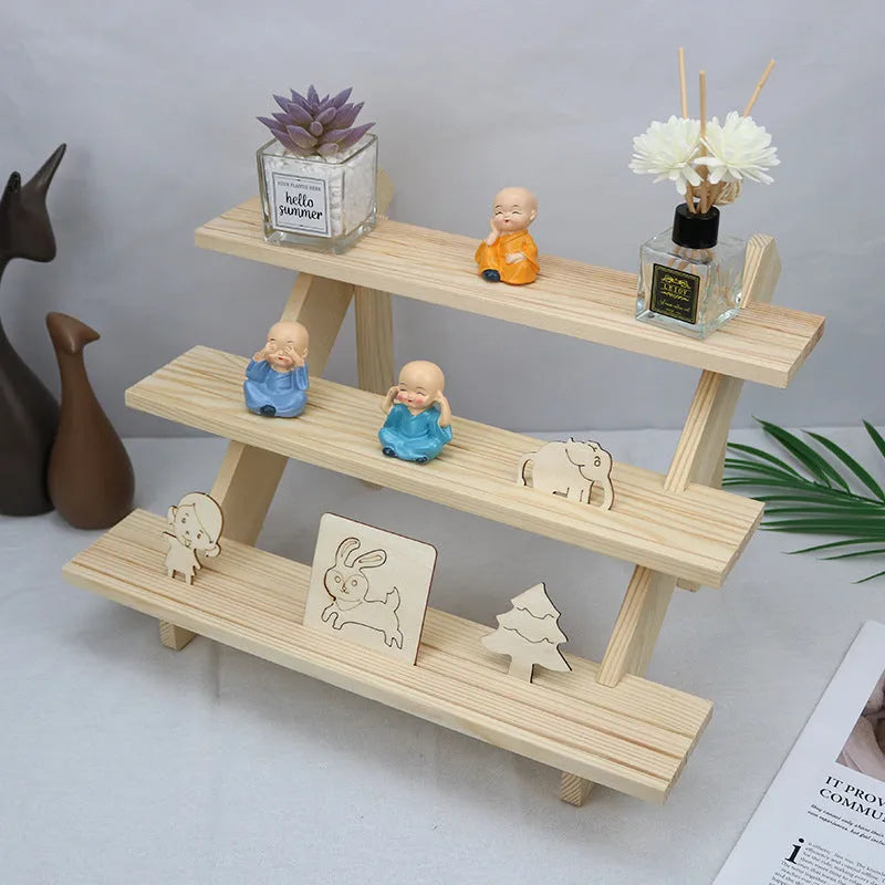 Multi-layer wooden stepped shelf with five tiers in natural wood colour, desk storage unit for books and display