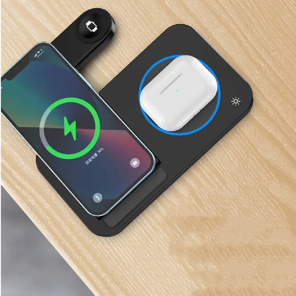 Folding three-in-one wireless charging stand in black, with phone, watch and earbud charging areas and 120cm Type-C cable