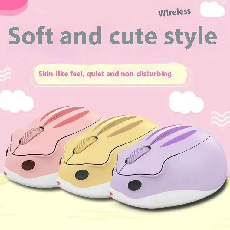 Hamster wireless Bluetooth mute mouse in grey, pink, or yellow colour on a desk.