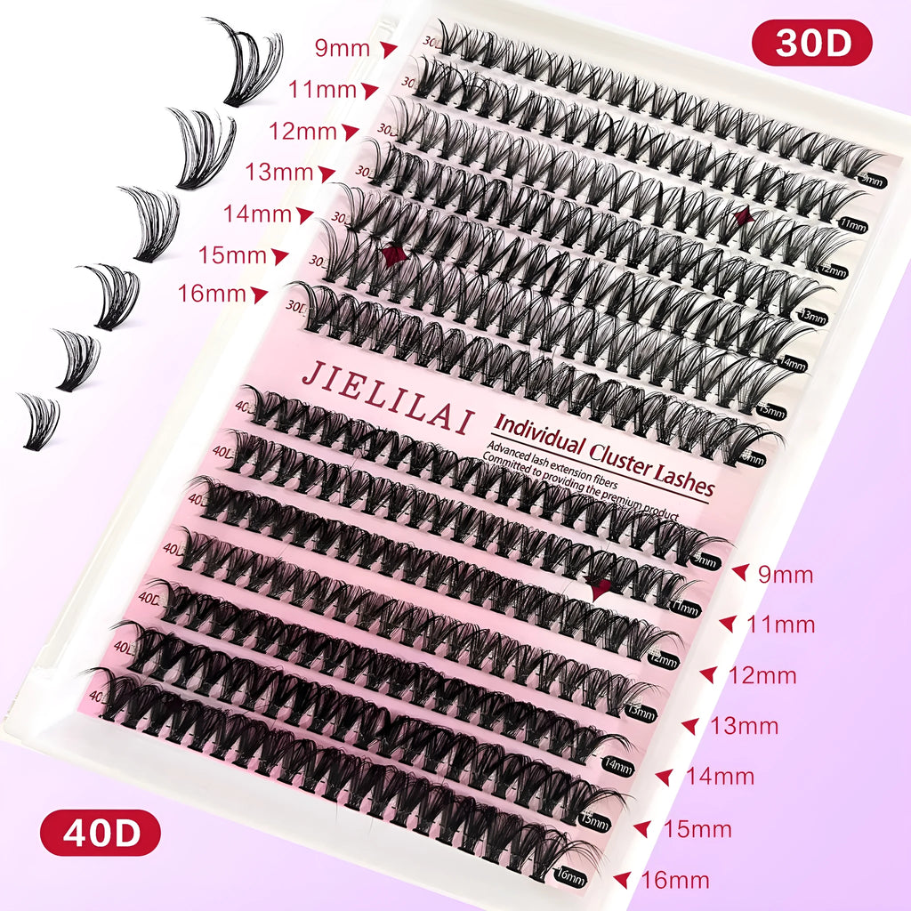DIY false eyelashes cluster package showing 30D and 40D density lashes with tweezers in 9-16mm lengths