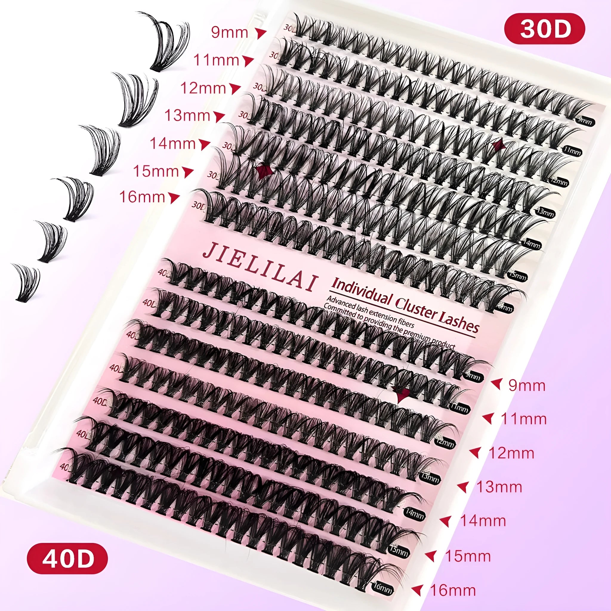 DIY false eyelashes cluster package showing 30D and 40D density lashes with tweezers in 9-16mm lengths