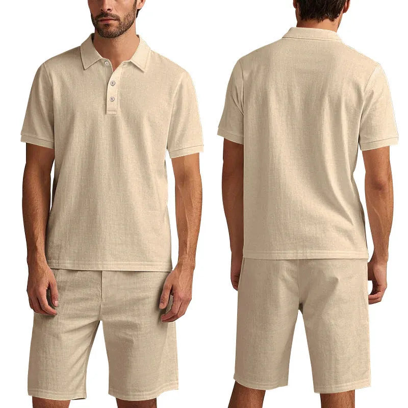 Men's light blue linen blend summer shirt and shorts set on hanger