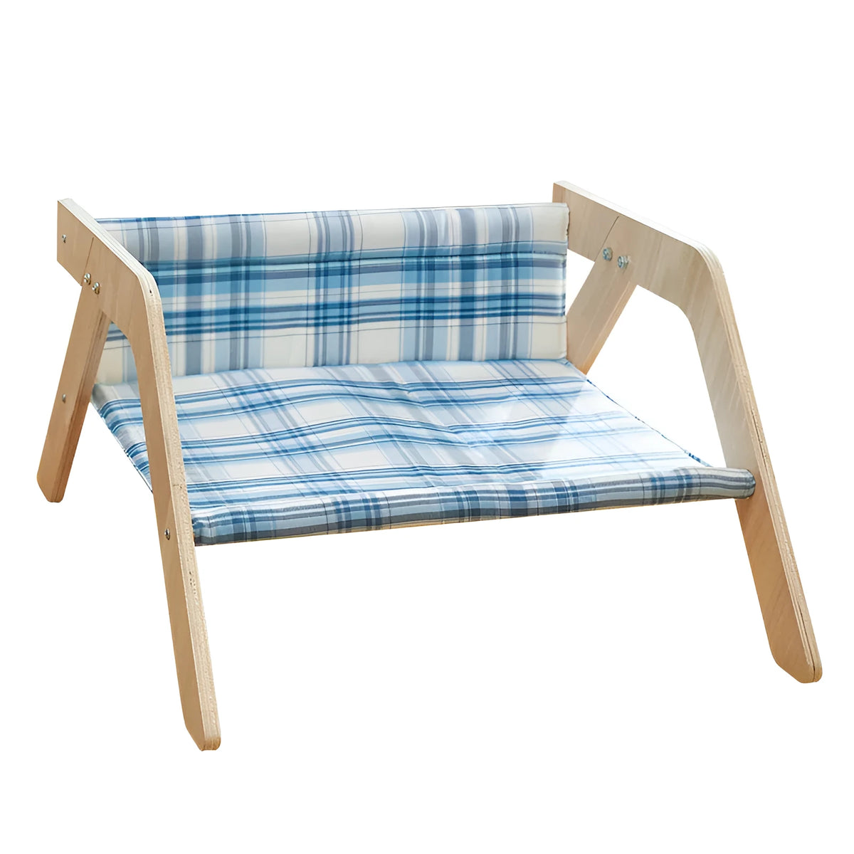 Wooden frame cat hammock bed with blue cloth in beach chair design for indoor cats.
