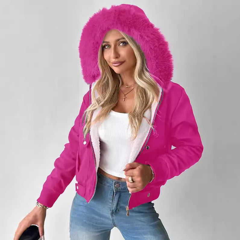 Women's hooded jacket with furry lining, polyester, long sleeve, available in five colours and sizes S-XXL