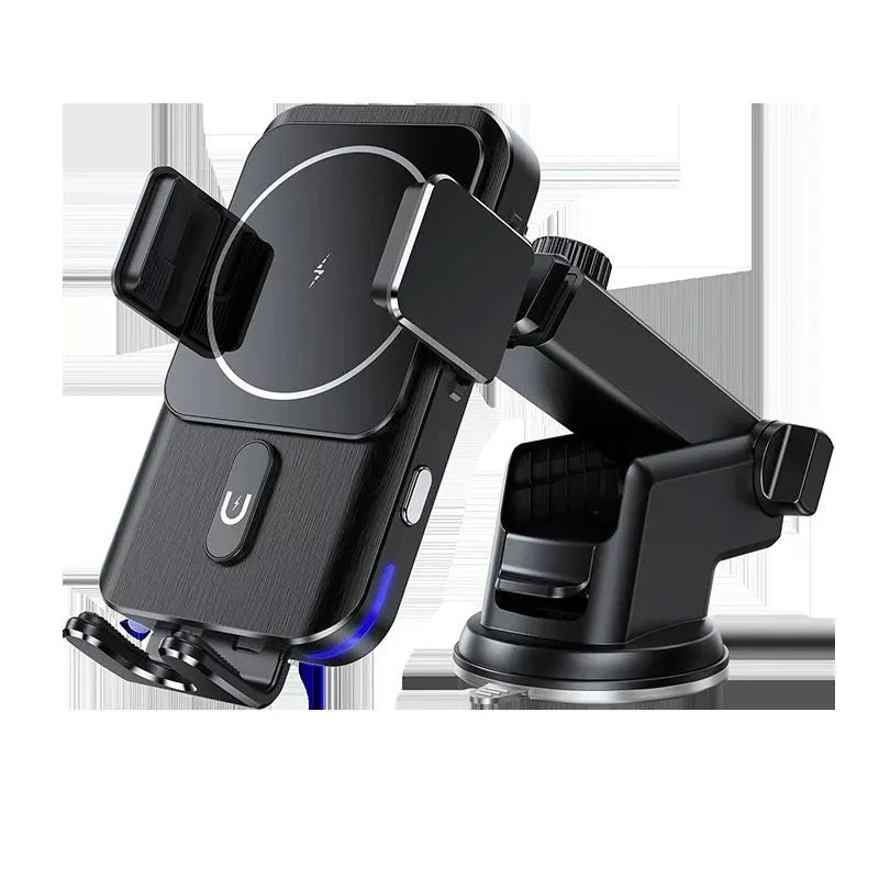 Black car wireless charger phone holder with 15W charging and choice of mounting brackets