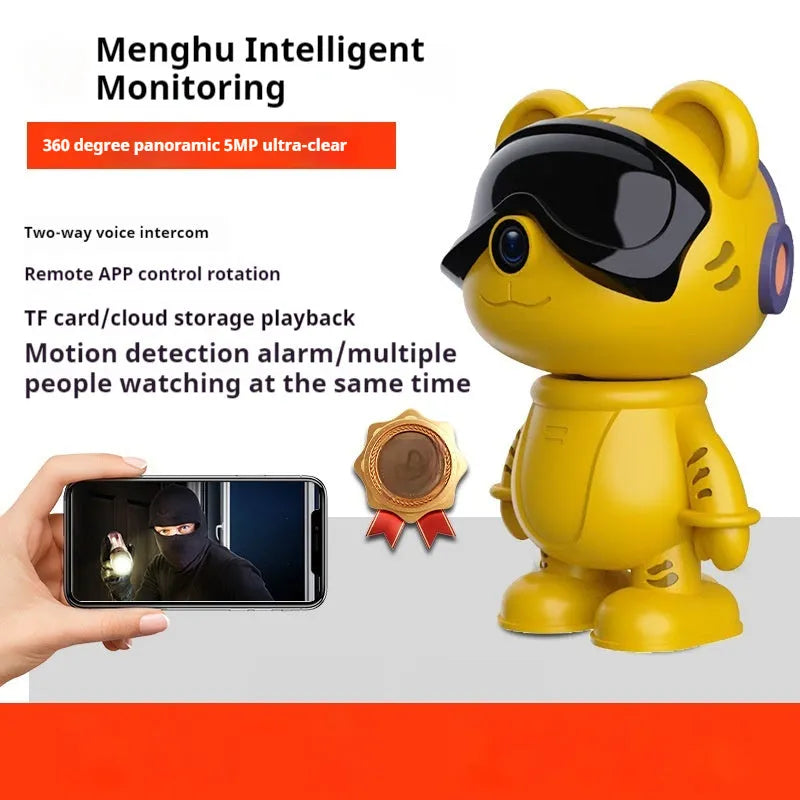 Cute Tiger WiFi two-way intercom home surveillance camera in yellow or white, 93.6 x 86.5 x 150 mm, with night vision and app control
