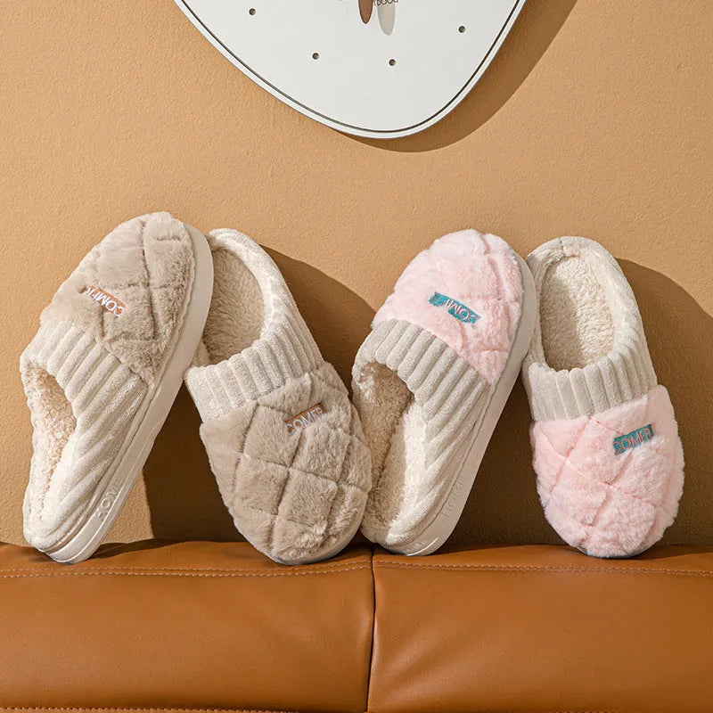 Solid rhombic letter plush home slippers with anti-slip EVA sole, five colours, sizes 36-45