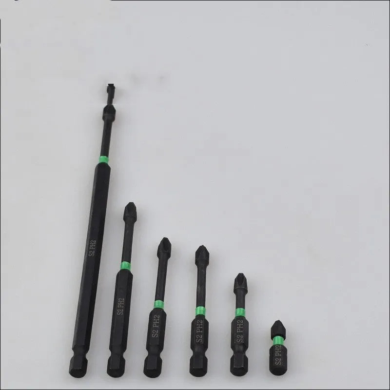Six cross batch head screwdriver bits made from S2 alloy steel, each 50mm long with a magnetic tip, arranged on a plain background.