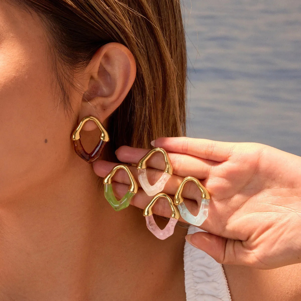 Resin stitching stainless steel earrings with 18K electroplated finish in pink, blue, green, white, and coffee colours