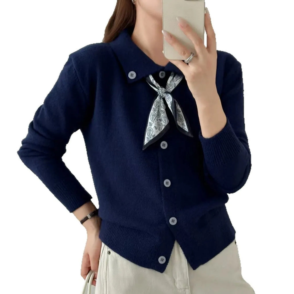 Lapel collar open front cardigan sweater in milky white acrylic knit
