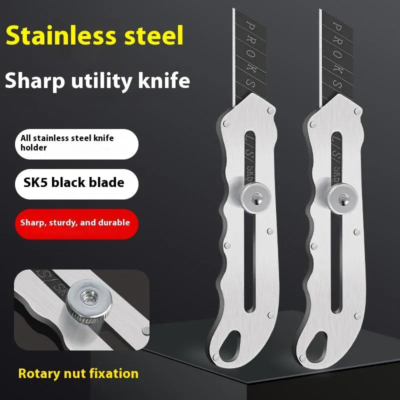 Stainless steel folding art knife with black blade and set of 10 trapezoidal blades