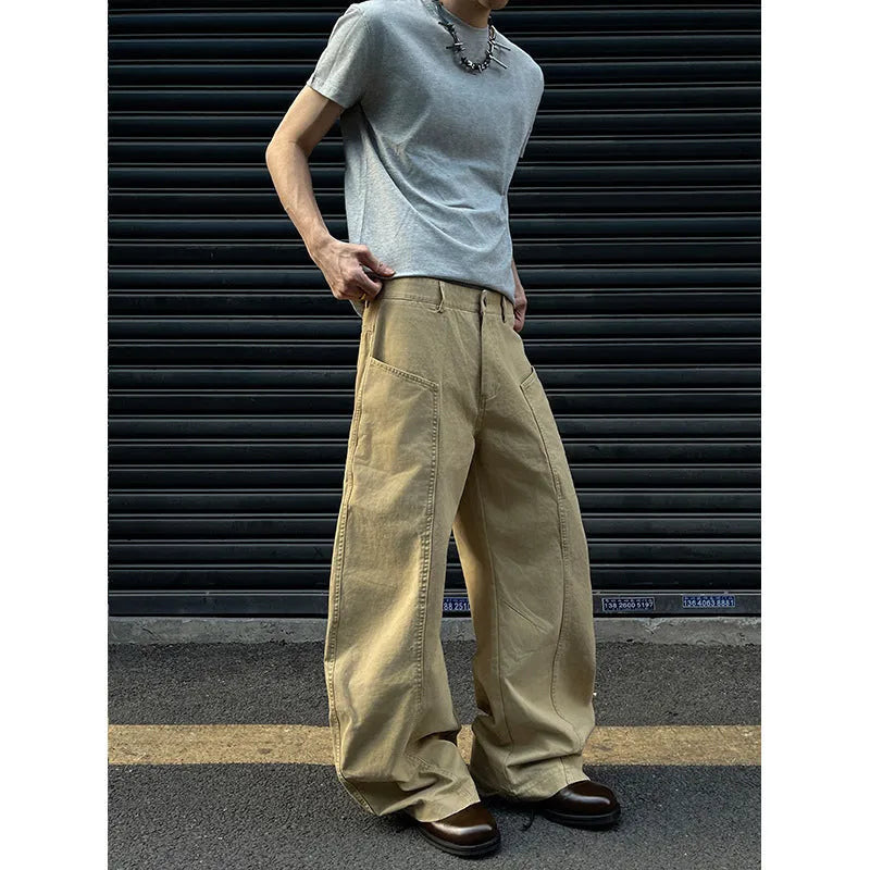 Men's khaki cotton trousers with straight leg cut and American retro styling on hanger