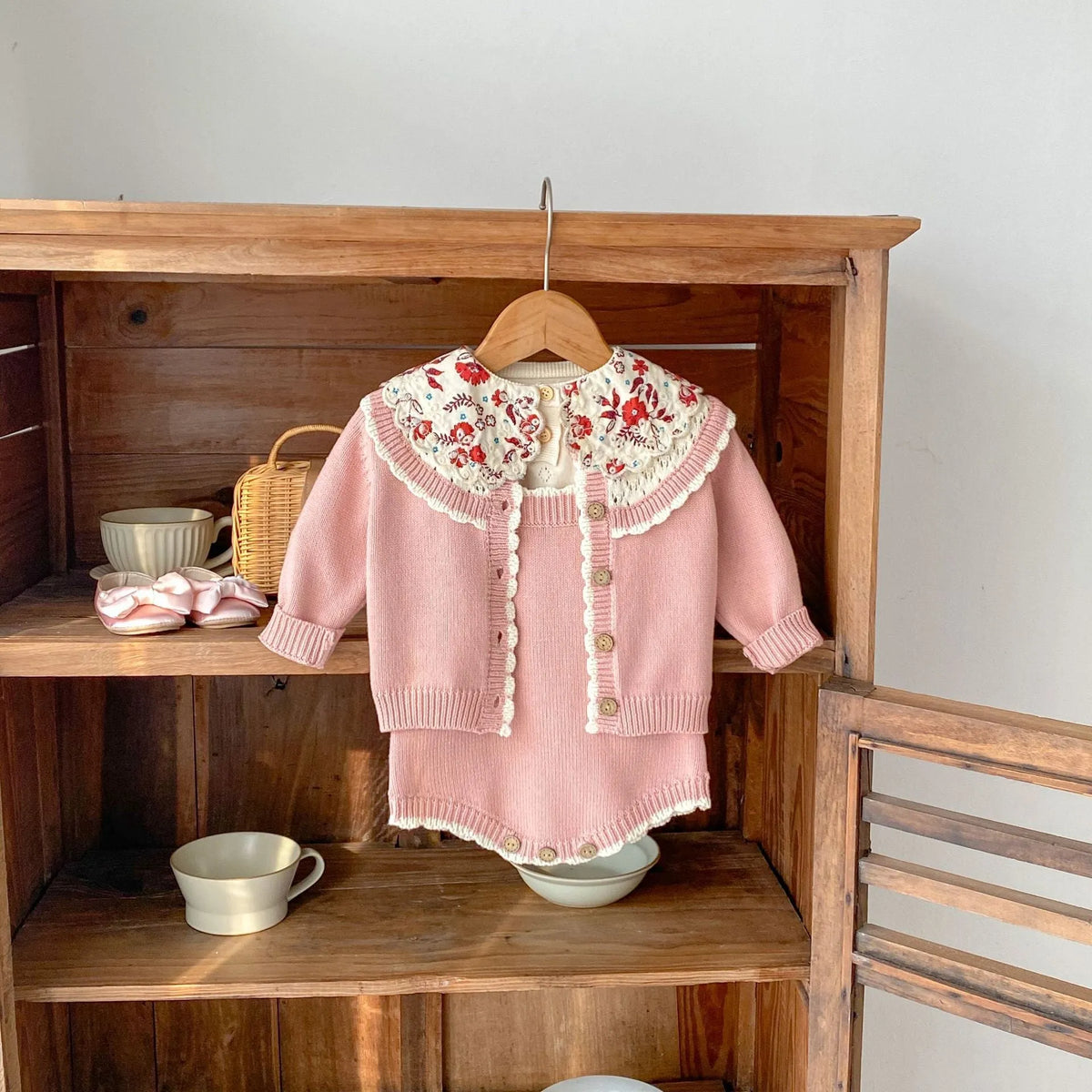 Baby girl cotton knitting suit contrast color sweater suspender romper in pearl powder for 66-100cm height
