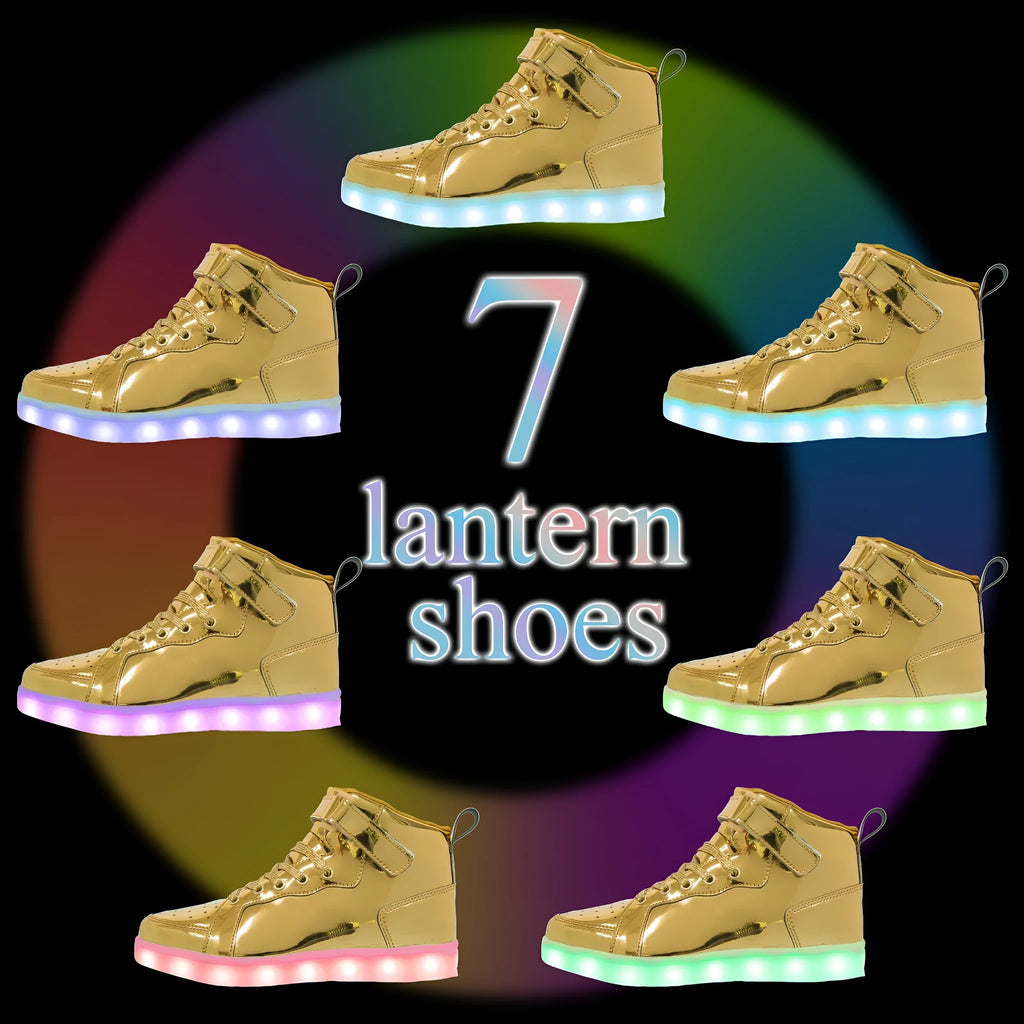 Black LED high-top dance shoes with light-up soles and Velcro strap.