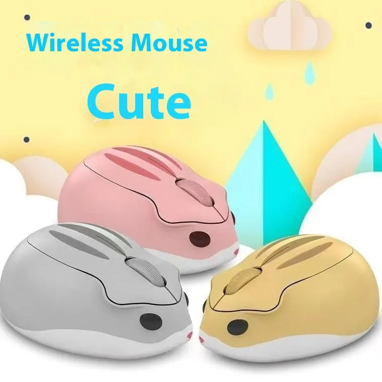 Hamster wireless Bluetooth mute mouse in grey, pink, or yellow colour on a desk.