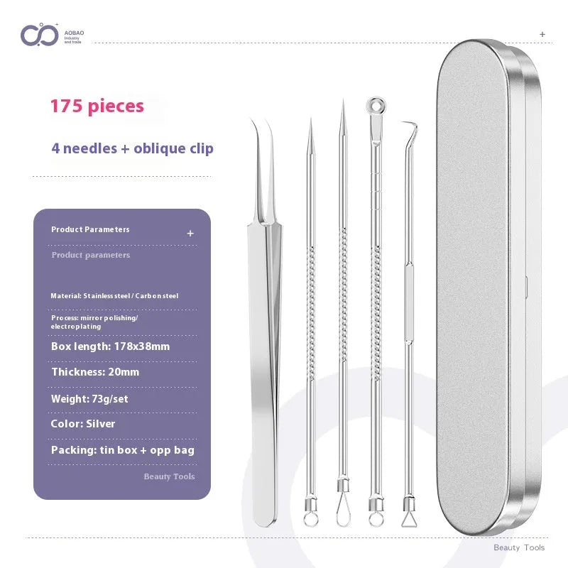 Four metal acne needle tools with pointed tips on a white background.