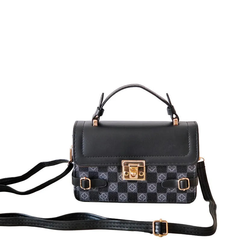 Retro small square pattern crossbody bag in structured PU leather with internal file bag organisation