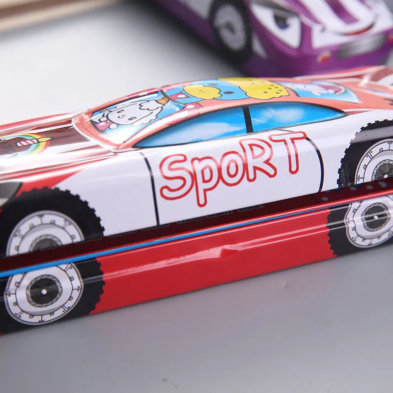 Metal tinplate double-layer stationery box in racing car shape with cartoon pattern, dimensions 20x6.5x3 cm
