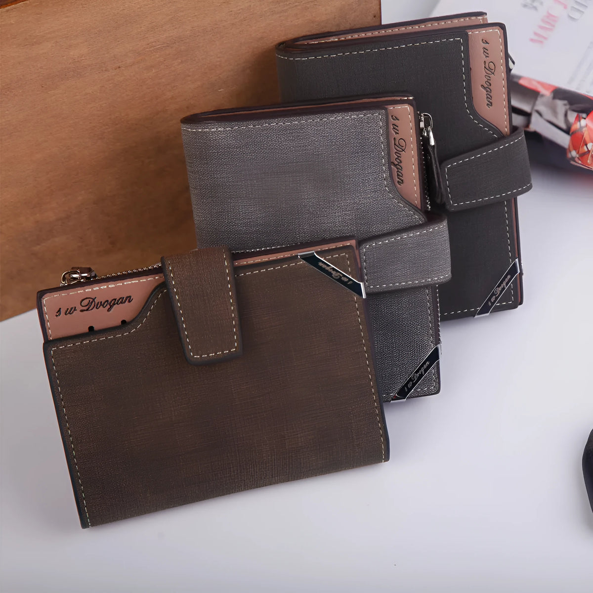 Men's short PU leather wallet with zip buckle, retro hit colour, 12.5 x 9.8 x 1.8 cm, grey black brown