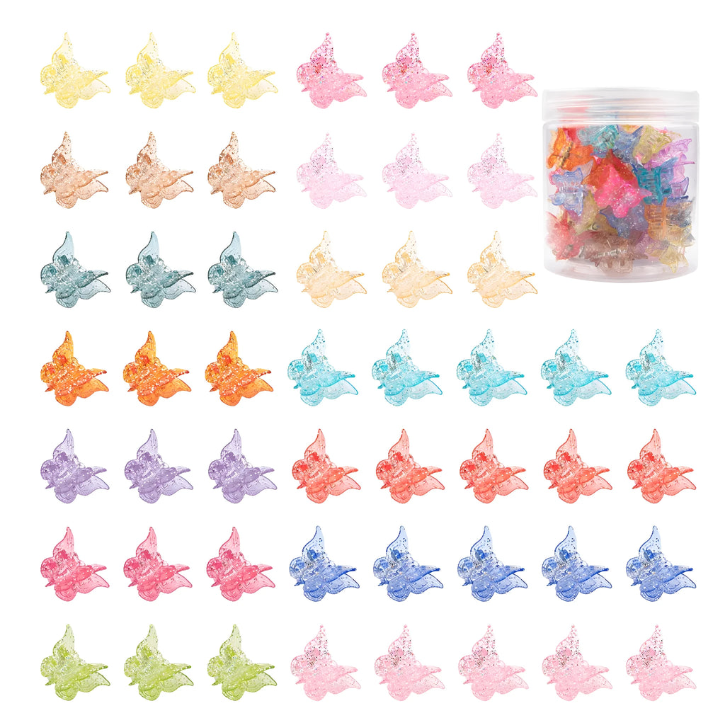 Set of 50 mini butterfly hair claw clips in assorted glitter colours on white background