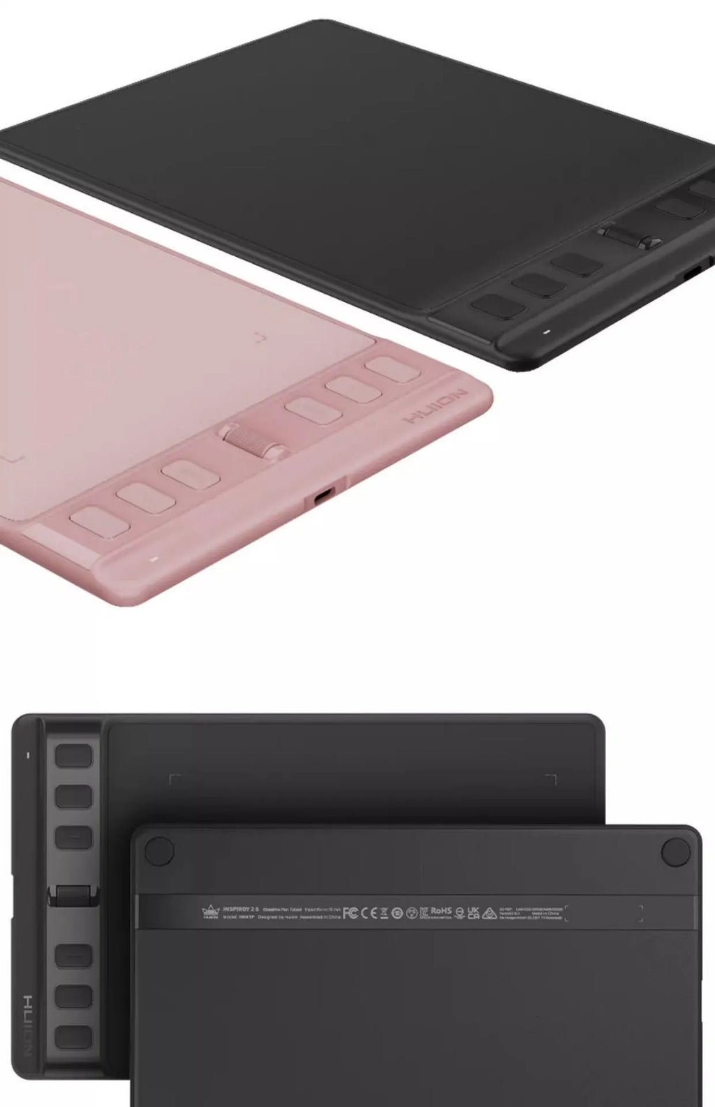 Hua Wang H641P black digital drawing tablet with PW110 pen showing dual work areas for mobile and computer use