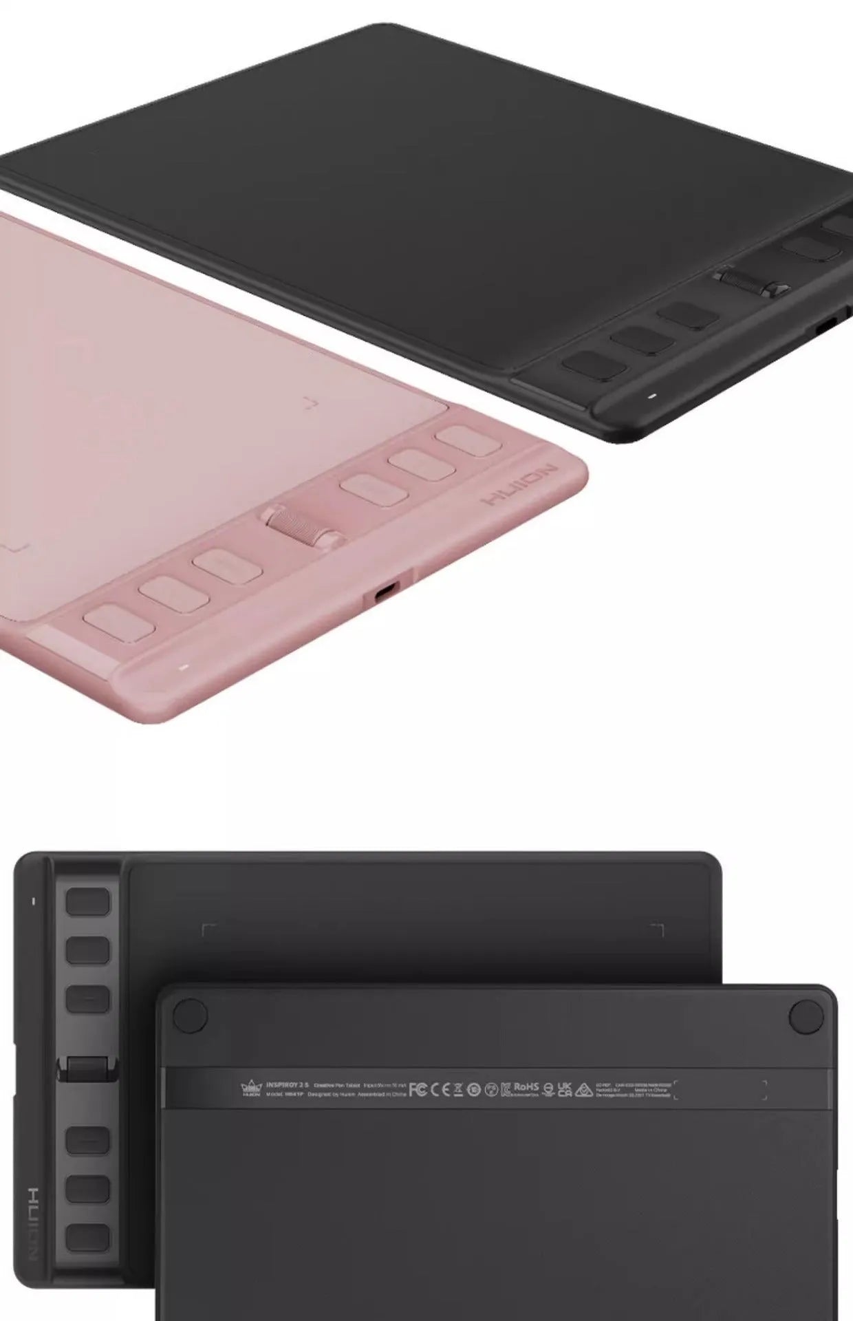 Hua Wang H641P black digital drawing tablet with PW110 pen showing dual work areas for mobile and computer use