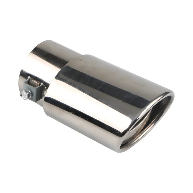 Stainless steel car modification tailpipe in baked blue, bright silver, and colourful finishes, straight and curved styles.