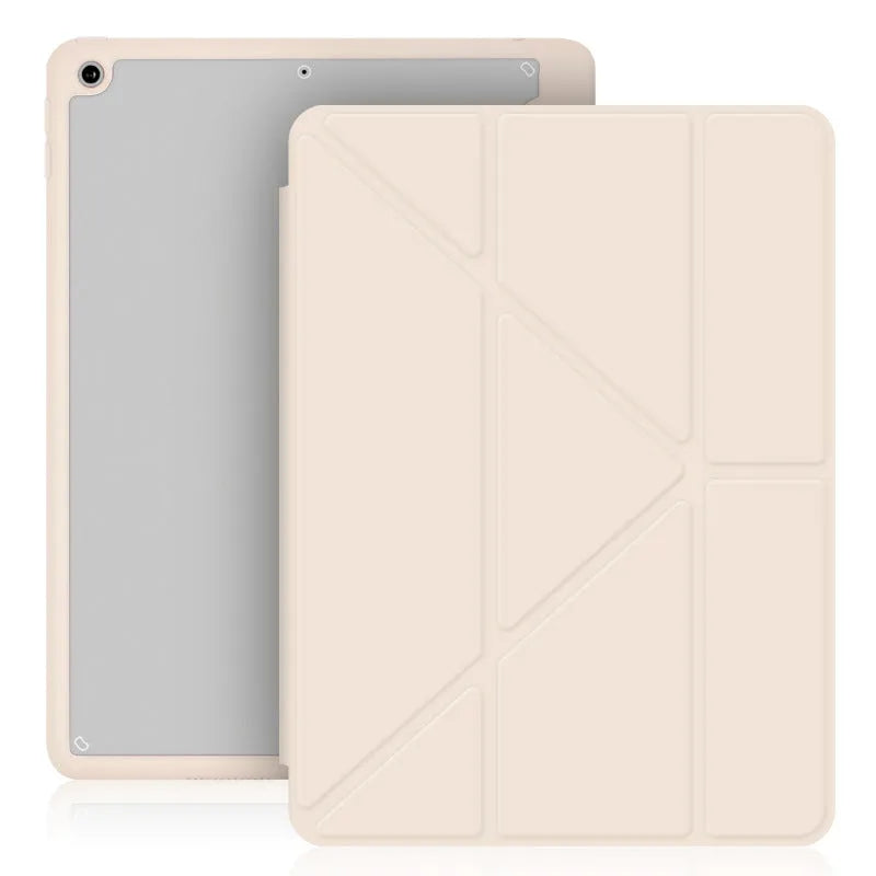 iPad protective case with Y-shaped folding bracket stand and Apple Pencil storage slot in imitation leather