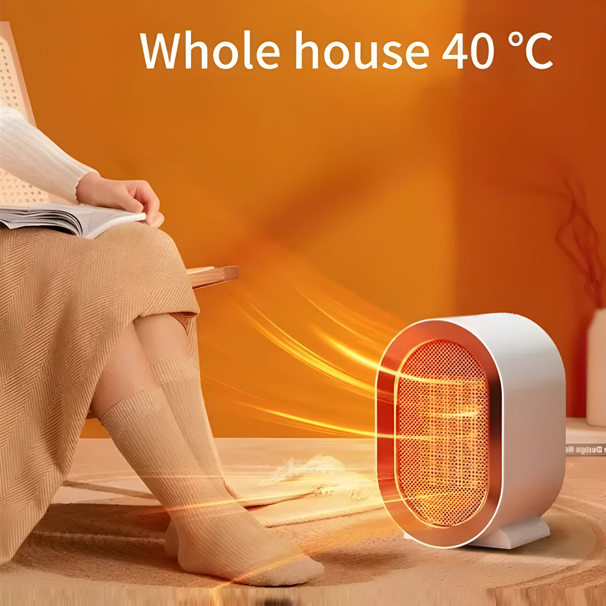 Desktop electric heater with ceramic heating element showing colour options and plug socket variants