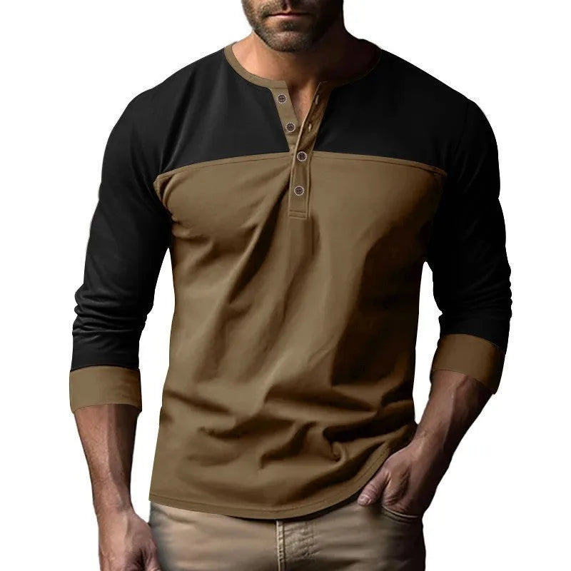 Men's long-sleeve henley collar casual shirt in polyester beaded twill fabric