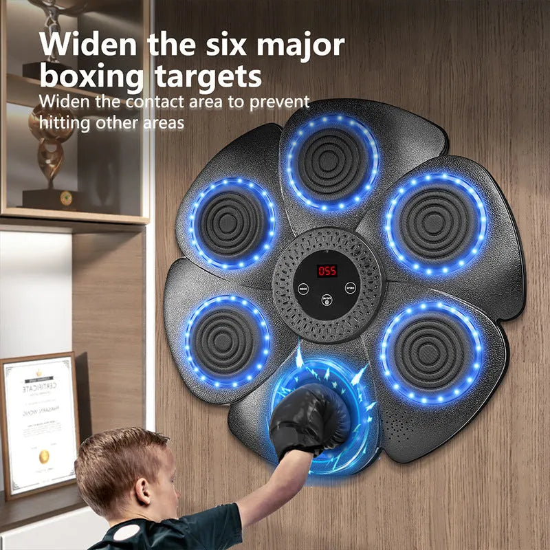Black smart boxing wall target with LED lights and Bluetooth, includes half-finger boxing gloves