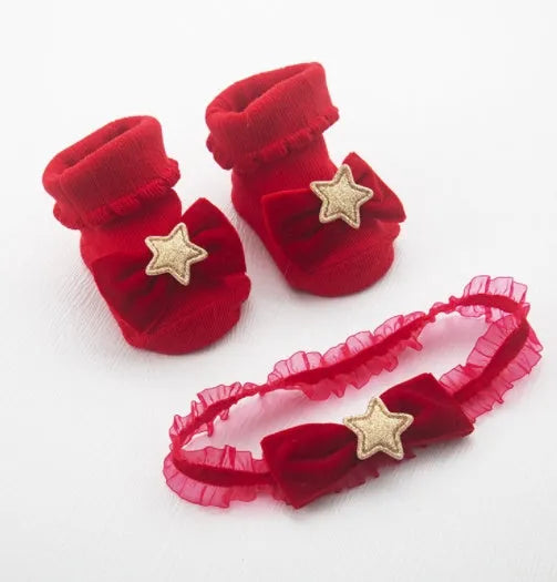 Baby headband and socks set in regenerated cellulose fibre, medium tube spring socks, infant girl 0-1 year