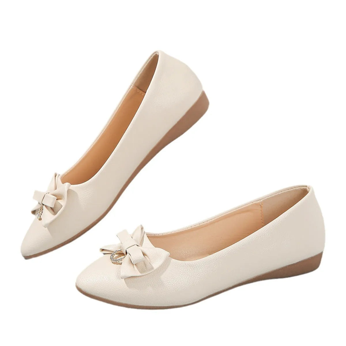 Women's flat casual bowknot shoes in beige with shallow mouth design and round toe