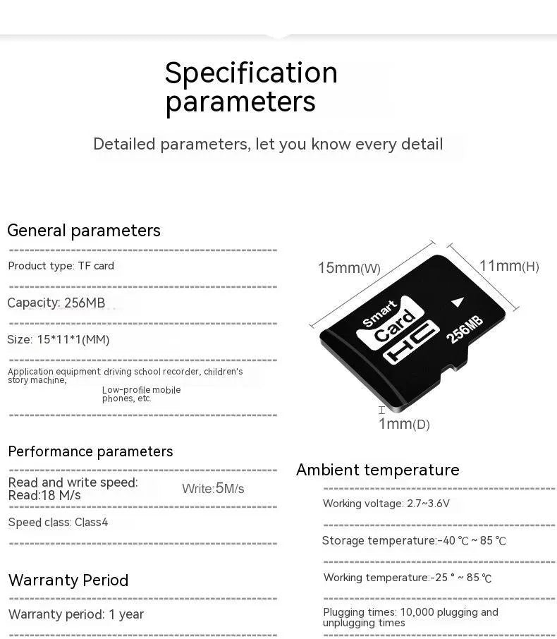 256MB TF series MicroSD memory card with dimensions 11mm by 15mm.