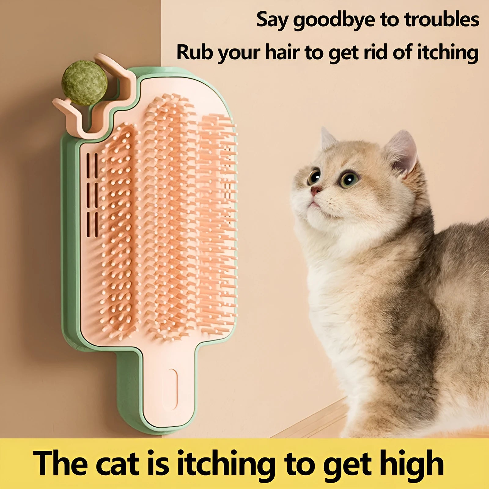 Ice cream shape cat corner scratcher with mint ball and feather attachments on a white background