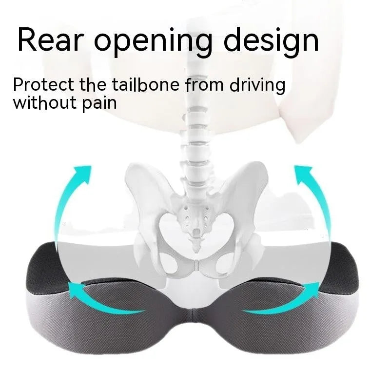 Curved bevel memory foam seat cushion for tailbone support in beige colour on a car seat.