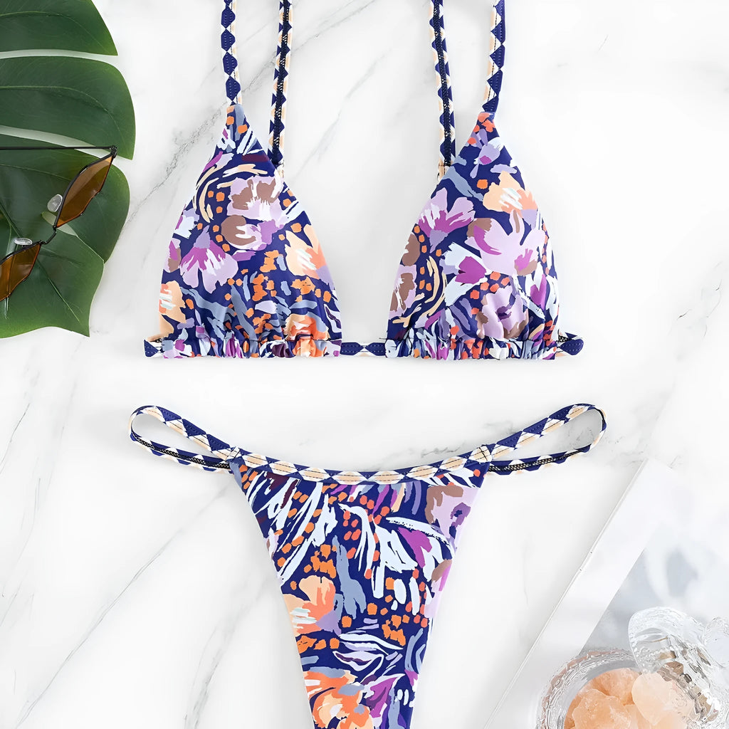 Women's floral print triangle top bikini with briefs bottom on a mannequin