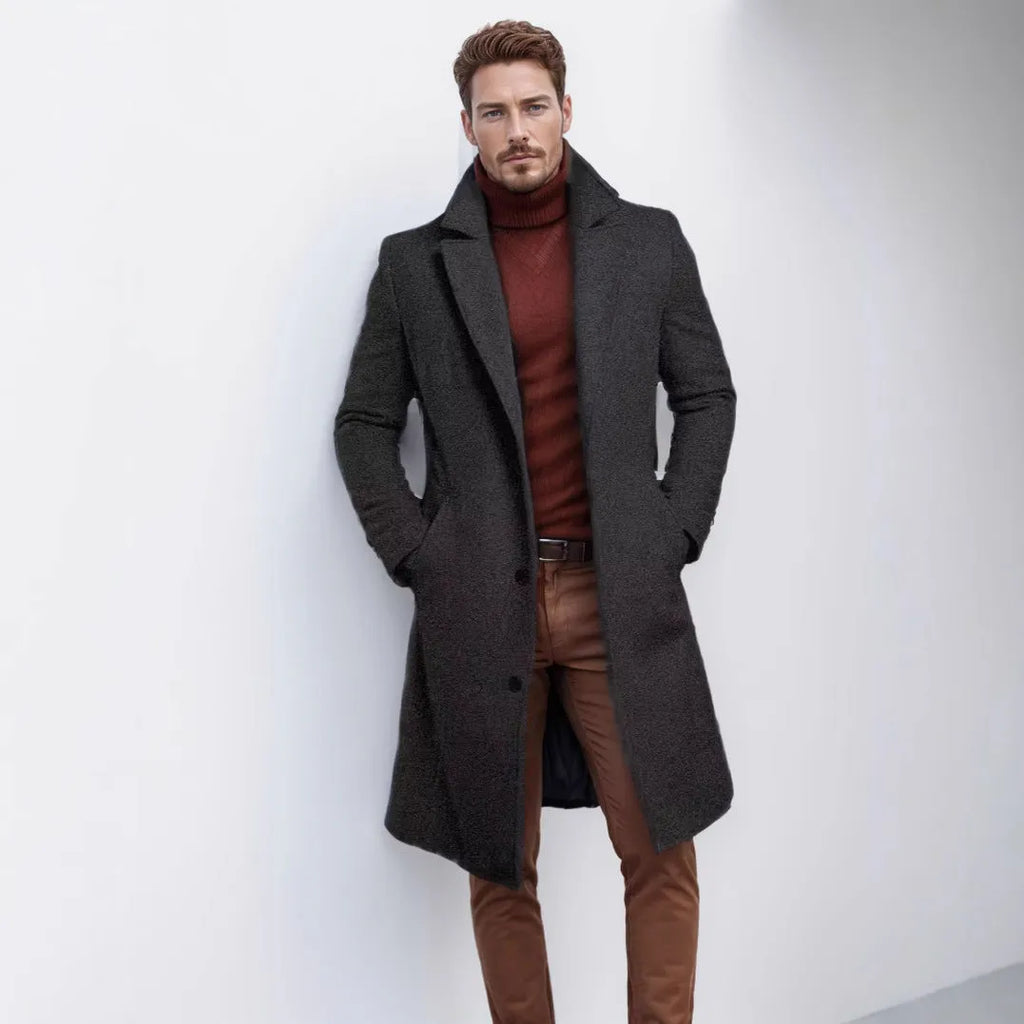Men's mid-length solid colour woolen coat in black with side seam sidekick pockets