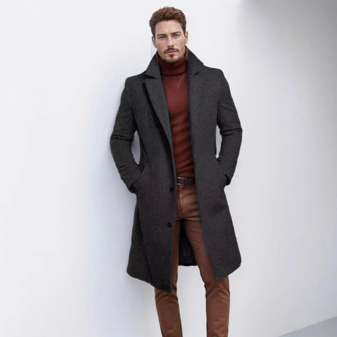 Men's mid-length solid colour woolen coat in black with side seam sidekick pockets