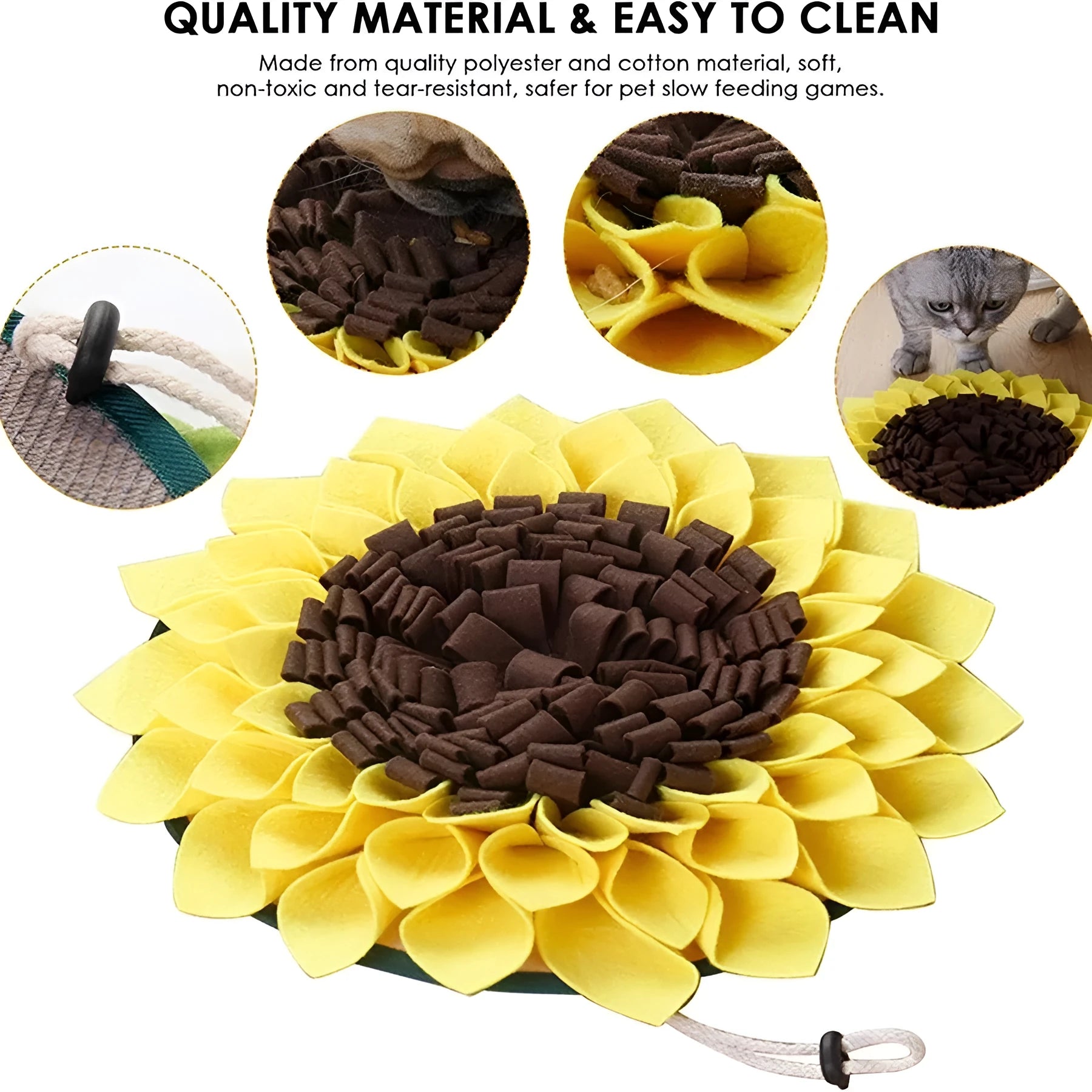 Yellow sunflower-shaped dog snuffle mat with rope and buckle for slow feeding and nosework training.