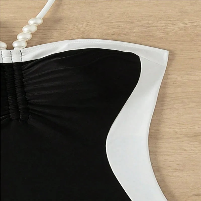 Pearl spaghetti straps one-piece swimsuit for women in black and white colour options