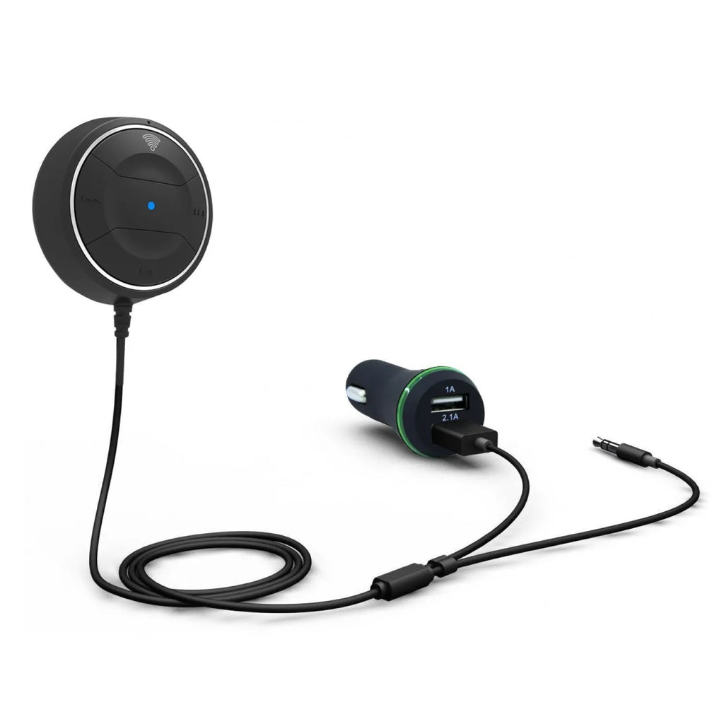 Bluetooth 5.0 car hands-free music player with NFC in black with AUX cable and mini USB power port