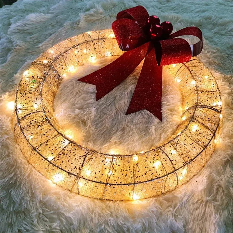 50cm Christmas garland wreath with bowknot, 140 warm LED lights, gold or green, for front door indoor outdoor use