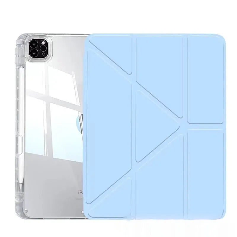 Clear acrylic iPad protective cover with a folding stand, shown in multiple colour options.
