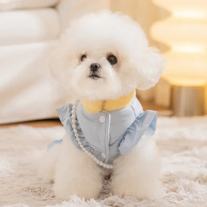 Warm fleece pet skirt for small dogs and cats with built-in D-ring, Blue or Pink, sizes XS to XL