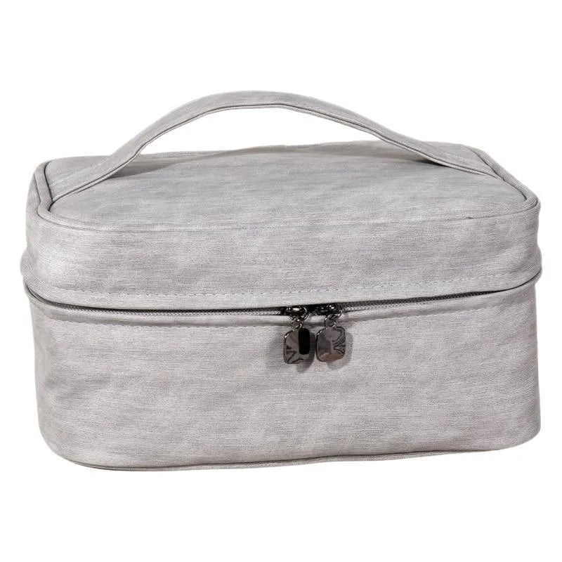 Large capacity waterproof PU cosmetic bag in Mirror Coffee or space grey with solid colour and sewing line detail